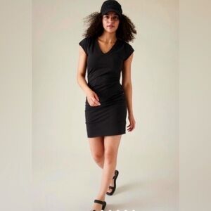 Athleta Black Nectar Faux Wrap Athleisure Stretch Knee Length Cap Sleeve Dress L